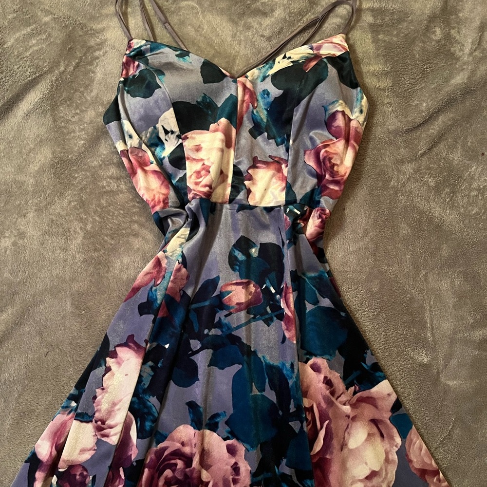 Honey and Rosie Spaghetti Strap Purple Floral Velvet Mini Dress.